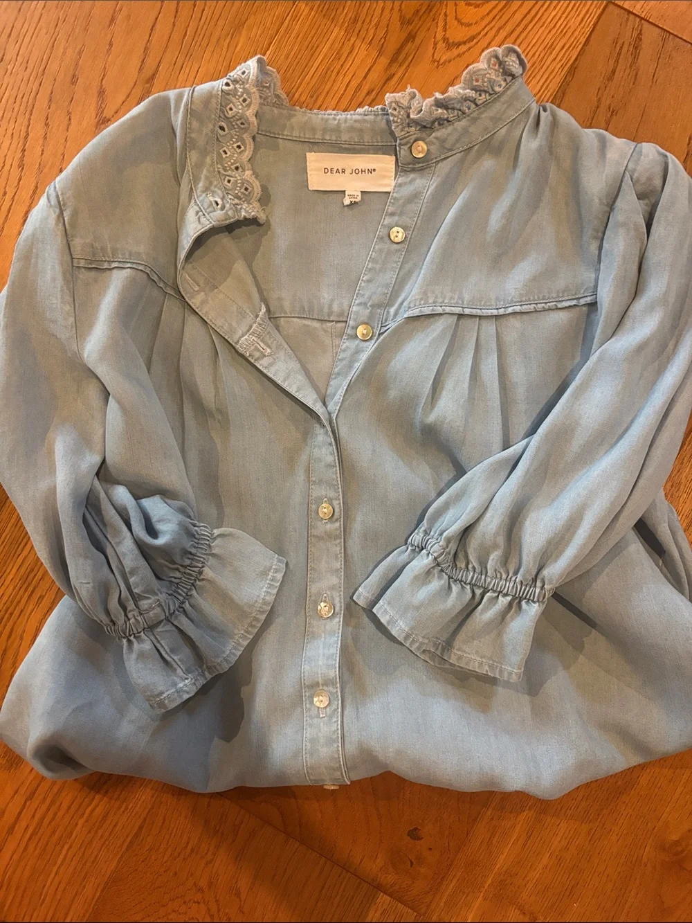 Dear John Light Blue Ruffle Neck Button-Down Shirt